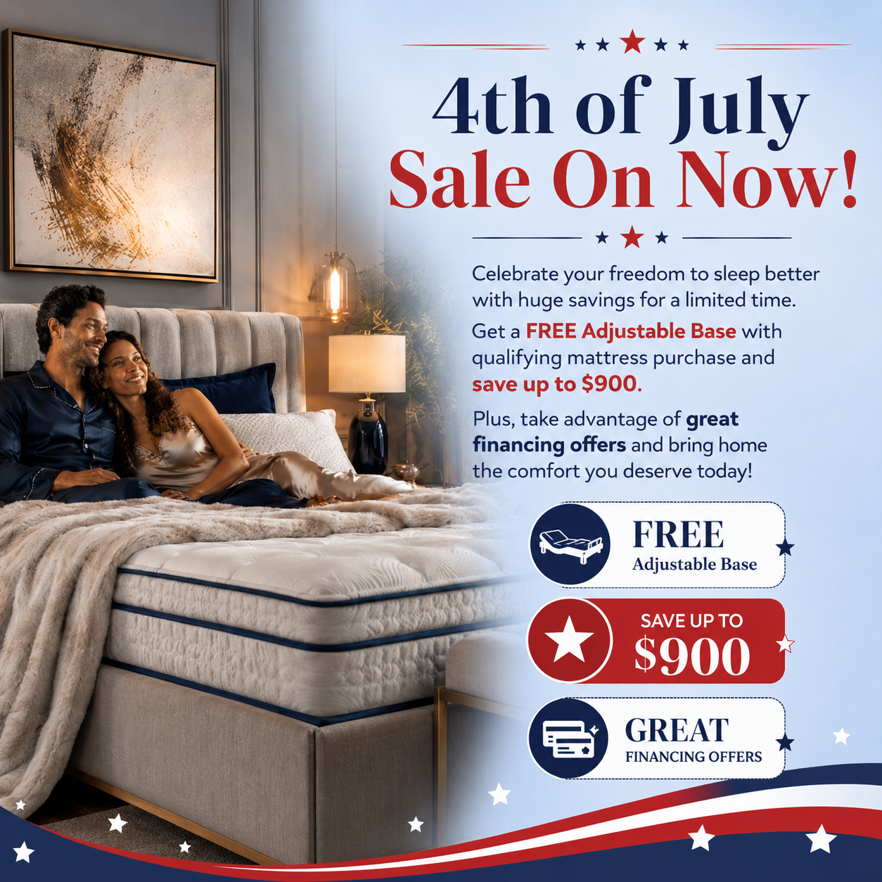 Advertisement for a mattress sale with a couple on a bed, featuring text about savings and promotions.